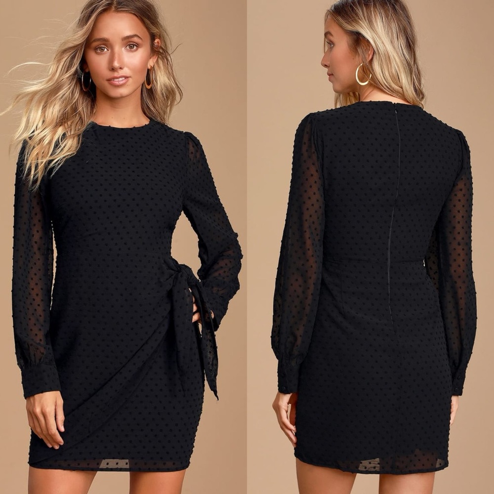 Lulus | Much Love Black Swiss Dot Long Sleeve Tie-Front Mini Dress